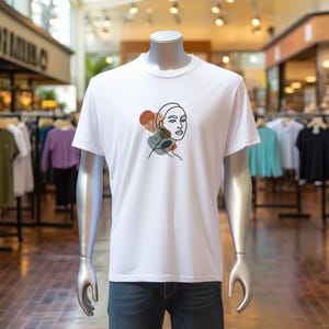 Minimalist Line Art T-Shirt: Abstract Woman Face, Boho Botanical Design
