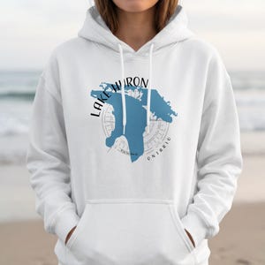 Lake Huron Ontario Comfort Colors Hoodie | Personlig sjökarta-tröja | Reunion Bach Crew | Fiske- och båtvandringströja