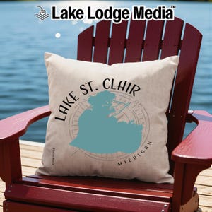 Lake St. Clair Michigan Souvenir Pillow - Compass Rose Lake Map Throw Pillow for Lake House Decor