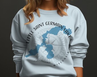 Little Saint Germain Lake Wisconsin Comfort Colors Sweatshirt | Personalized Lake Map Shirt | Reunion Bach Crew | Fishing Hiking Shirt