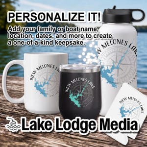 May include: A white ceramic mug, a black stainless steel tumbler, and a white water bottle, each featuring a compass graphic with the text New Melones Lake California. The items are displayed together, showcasing a consistent nautical design theme.