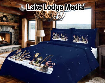 Funda nórdica navideña o fundas de almohada a juego / Decoración navideña personalizada para el hogar con temática de la vida en el lago / Ropa de cama para el dormitorio de una cabaña o casa de lago