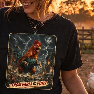 May include: Black t-shirt featuring a vibrant graphic of a rooster amidst a city scene with lightning. The rooster is depicted in shades of red, orange, and green. The text "FROM FARM TO FURY" is at the bottom of the graphic.