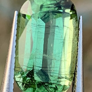 Naturlig rutilgrön peridot: 5,2 karat lång kuddslipning (12,7x7,9x6,3 mm) Ursprung Pakistan.