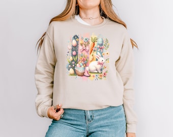Bluza z okrągłym dekoltem w kształcie wiosennego króliczka wielkanocnego, bluza z kwiatowym wzorem, prezent wielkanocny, bluza wielkanocna, koszulka z króliczkiem wielkanocnym, koszule wielkanocne dla kobiet