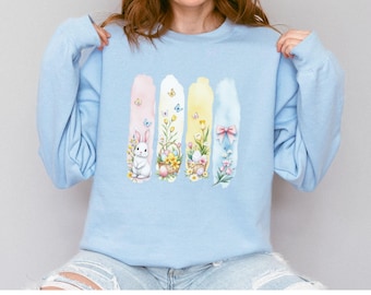 Bluza z okrągłym dekoltem w kształcie wiosennego króliczka wielkanocnego, bluza z kwiatowym wzorem, prezent wielkanocny, bluza wielkanocna, koszulka z króliczkiem wielkanocnym, koszule wielkanocne dla kobiet