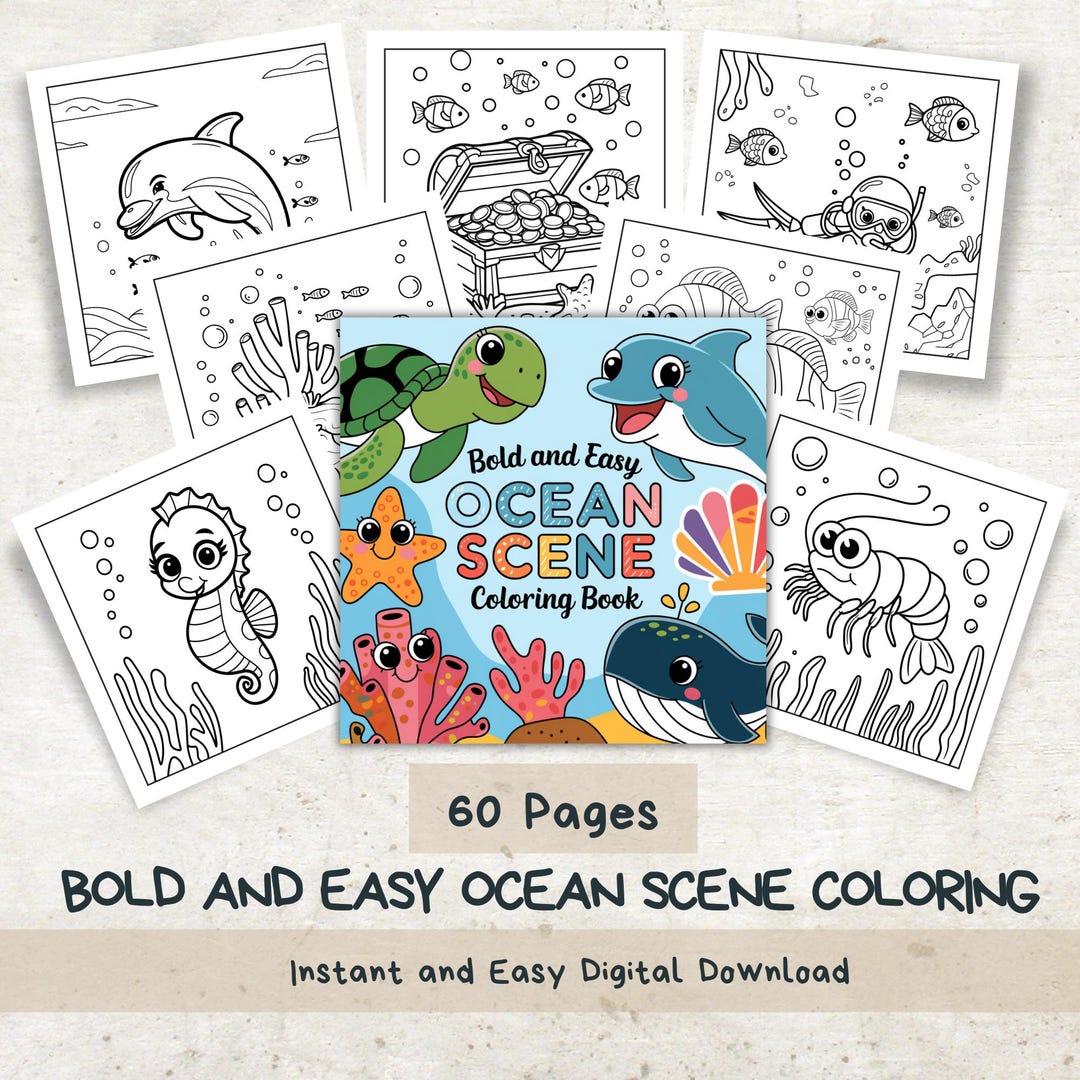 Bold and Easy Ocean Scene Coloring Book | 60 Coloring Pages | Ocean Theme Coloring Pages | Cute ...