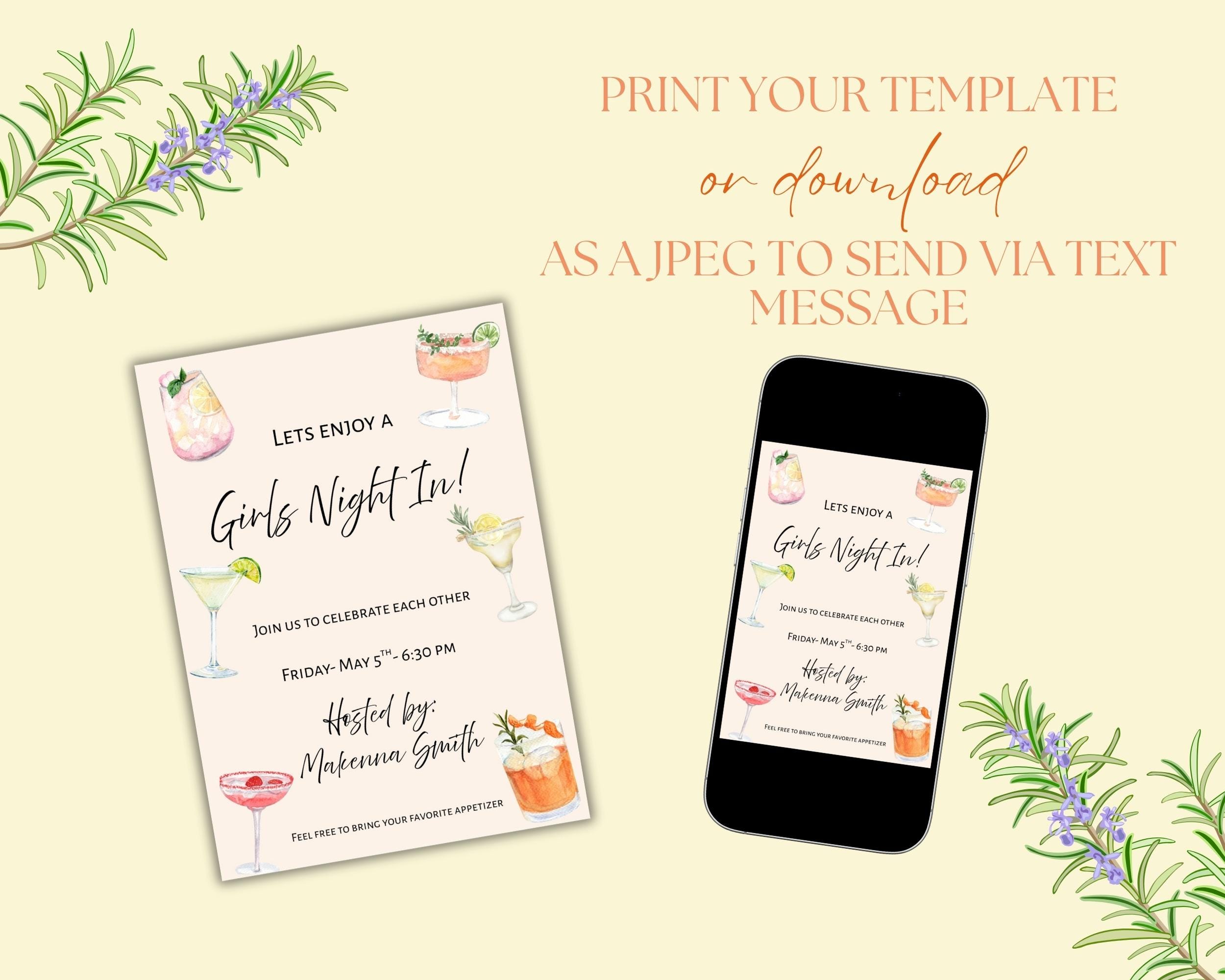 Girls Night in Invitation Template: Editable Ladies Cocktail Party (5x7 ...