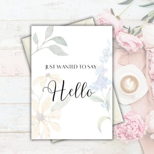 Tarjeta de felicitación imprimible con texto "Hola" con flores - Archivo digital - Solo quería decirte hola
