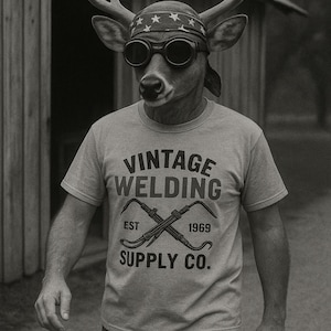 May include: A grayscale image of a person wearing a deer mask, sunglasses, and a bandana. The person is wearing a gray t-shirt with the words "VINTAGE WELDING SUPPLY CO." and the year "1969" printed on it. The person is standing in front of a wooden building.