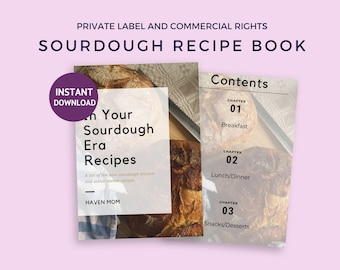 Könnte beinhalten: Ein digitaler Download für ein Sauerteig-Rezeptbuch mit einem Cover, das eine Nahaufnahme von Brotlaiben zeigt. Der Buchtitel lautet "In Your Sourdough Era Recipes" und der Untertitel lautet "A list of the best sourdough discard and active starter recipes". Das Buch ist von Haven Mom.