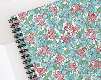 Lined Spiral Notebook - Vintage Floral Writing Pad, Retro Flower Notepad Feedsack Design