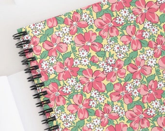 Pink Flower Lined Notebook - Vintage Spiral Journal, Retro Flower Notepad Gift, Feedsack Design