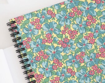Blue Flower Lined Notebook - Vintage Spiral Journal, Floral Writing Pad, Retro Flower Notes