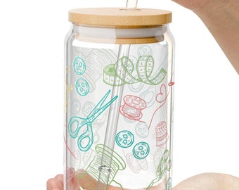 Sewing Glass Sipper Cup, Sewing Tools Glass Tumbler, Cute Sewing Cup for Seamstress, 16oz Glass with Straw, Sewing Gift, Sewing Lover Mug