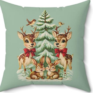 Vintage Reindeer Christmas Pillow, Holiday Decor, Festive Throw Cushion, Cozy Christmas Home Accent, Retro Santa Square Pillow