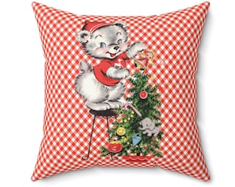 Christmas Throw Pillow, Holiday Tree Pillow, Vintage Retro Festive Throw Cushion, Gingham Square
