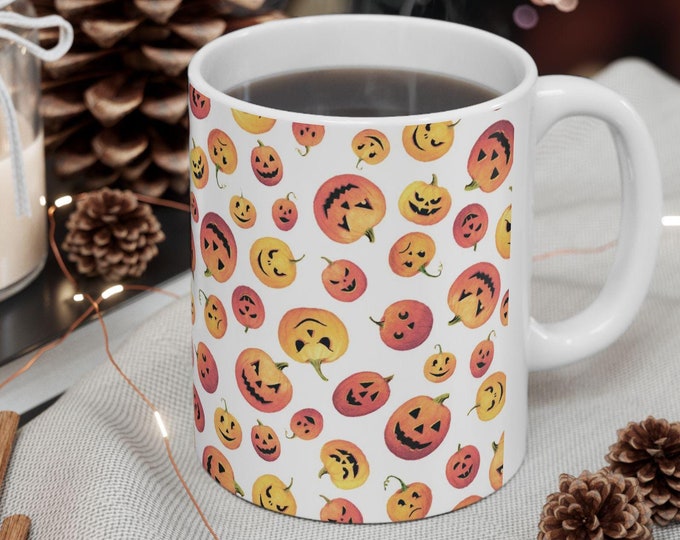 Featured listing image: Pumpkin Coffee Mug, Cute Vintage Halloween Coffee Mug, Whimsical Design by Lindsay Wilkes