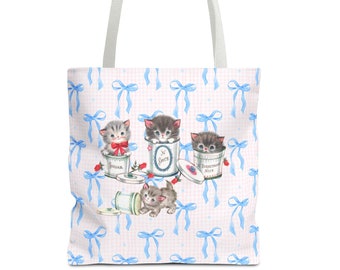 Coquette Kitty Bow Tote Bag, Vintage Retro Gingham Carryall, Sugar Spice and Everything Nice!