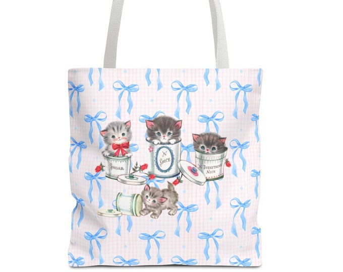 Featured listing image: Coquette Kitty Bow Tote Bag, Vintage Retro Gingham Carryall, Sugar Spice and Everything Nice!