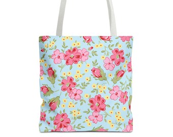 Floral Tote Bag, Vintage Pink Blue and Yellow Flowers, Cute Carryall, Coquette Style Purse, Girly Girl Sewing Tote, Sugar and Spice Fabric