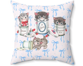 Coquette Bow Throw Pillow with Kitty Cats, Girly Blue Bow Pink Gingham Square Pillow, Sugar and Spice