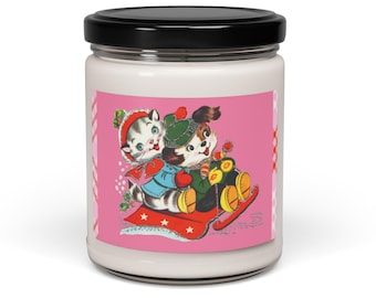 Soy Candle, Vintage Christmas Puppy and Kitten on a Sled Soy Candle, Retro Aromatherapy Candle from The Cottage Mama