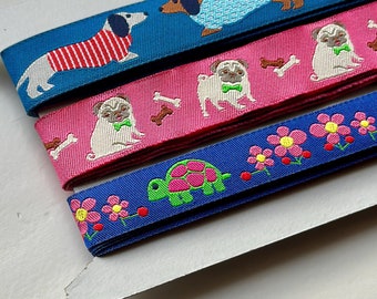 Woven Trim Bundle, Sewing Ribbon, Jacquard Trim, Designer, Renaissance Ribbon, Dogs, Pugs, Turtles, Dachshund, Pink, Blue, Green,