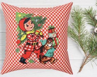 Vintage Christmas Pillow, Cozy Holiday Decor, Retro Square Pillow, Gingham Farmhouse