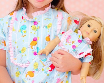 PDF Sewing Pattern - Claire Girls Pajamas - Nightgown, Top, Pants, 18" Doll Pattern, Size 6 Month - 10 Years from The Cottage Mama