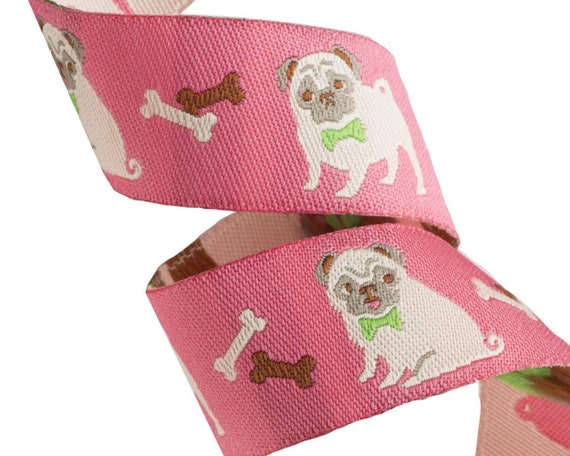 Pugs on Pink by Jessica Jones 7/8" Ribbon Trim, 1 Yard by The Cottage Mama