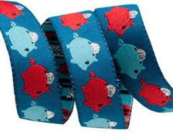 Sewing Trim Ribbon Piggy Banks on Blue by Jessica Jones 5/8" Ribbon Trim, 1 Yard by The Cottage Mama