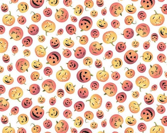 Halloween Fabric Fright Delight Pumpkins - White by The Cottage Mama for Riley Blake Designs