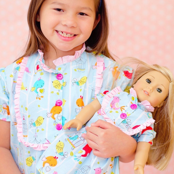 PDF Sewing Pattern - Claire Girls Pajamas - Nightgown, Top, Pants, 18" Doll Pattern, Size 6 Month through 10 Years