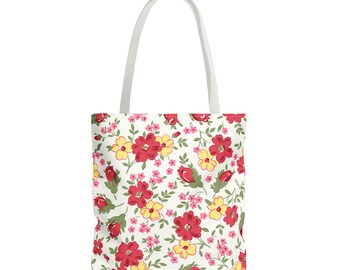 Red and Yellow Vintage Floral Tote Bag, Vintage Retro Coquette Carryall, Sweet Flower Design