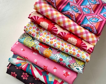 Sewing Quilting Fabric Yardage, Quilting Fabric, Fat Quarters, Sewing Kit, Out of Print, Designer Fabric - Pink, Orange and Blue Bundle