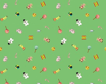 Christmas Holiday Fabric Yardage Toys Green - Jingle Bells Fabric by Lindsay Wilkes for Riley Blake Designs