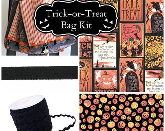 Trick-or-Treat Bag Kit, Halloween Candy Bag, Halloween Tote Bag Kit, Fright Delight Fabric by Lindsay Wilkes for Riley Blake Designs