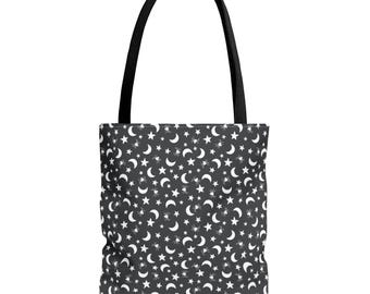 Fabric Tote Bag, Vintage Halloween Tote Bag, Retro Trick-or-Treat Carryall, Moons, Spiders and Stars Halloween Bag