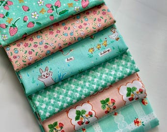 Quilting Fabric Yardage, Sewing Fabric, Fat Quarters, Designer Cotton Fabric, Out of Print - Peach, Mint, Bunnies, Strawberries, Plaid