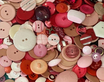Pink Button Grab Bag, Assortment of Buttons, Children's Clothing, Craft Projects, Hand Sewing, Quilting, Girly Buttons, Red
