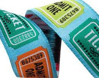 Sewing Trim Ribbon Tickets on Blue by Jessica Jones 7/8" Ribbon Trim, 1 Yard by The Cottage Mama