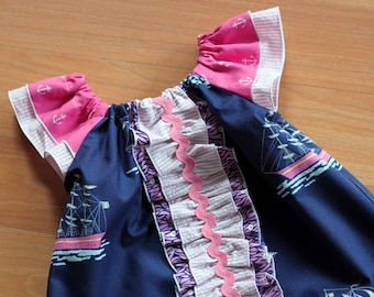 Girls Vintage Peasant Dress, Vintage Nautical Style Dress, Retro Mod Kids Clothes, Vintage Dress for Girls, Nautical Dress for Girls, Size 6