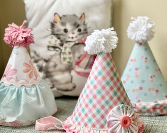 Custom Birthday Party Hats, Ruffle Birthday Hat, Bow Birthday Hat, Fabric Birthday Hat, Perfect Party Hats and Pillow, Vintage Hat Set