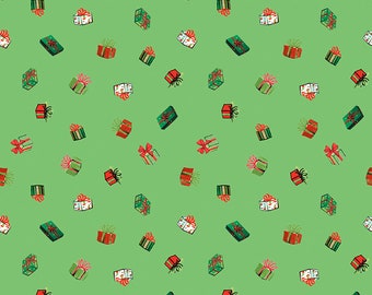 Christmas Holiday Fabric Yardage Presents Green - Jingle Bells Fabric by Lindsay Wilkes for Riley Blake Designs