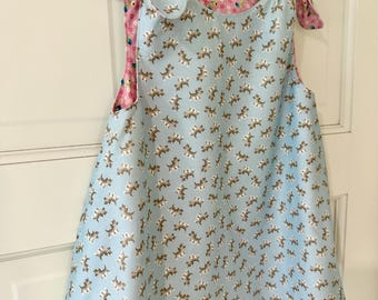 Reversible Girls Kitty Cat Dress, Girls A-Line Swing Dress, Preppy Girl Dress, Girls Blue & Pink Dress, Vintage Tie Shoulder, Size 3/4