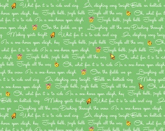 Christmas Holiday Fabric Yardage Text Green - Jingle Bells Fabric by Lindsay Wilkes for Riley Blake Designs