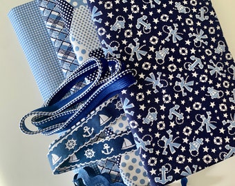 Nautical Fabric Kit, Baby Blue and Navy Sailor themed Fabric for Quilting and Sewing