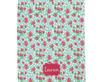 Personalized Dainty Darling Girls Blanket, Custom Name Throw, Vintage Pink and Blue Floral Blanket, Cute Velveteen Plush Throw