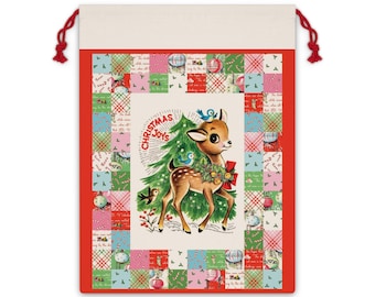 Fabric Christmas Gift Bag, Santa Sack, Christmas Tree Tote Bag, Vintage Reindeer Bag, Patchwork Vintage Design from The Cottage Mama